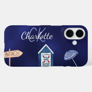 Beach party blue white monogram name iPhone 16 case