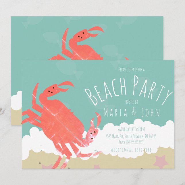 Beach Party Crab Sand Ocean Waves Invitation (Front/Back)