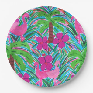 Beach Party Flamingos and Palm Trees Paper Plate