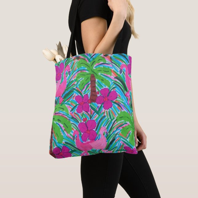 Beach Party Flamingos and Palms Pattern Tote Bag (Close Up)