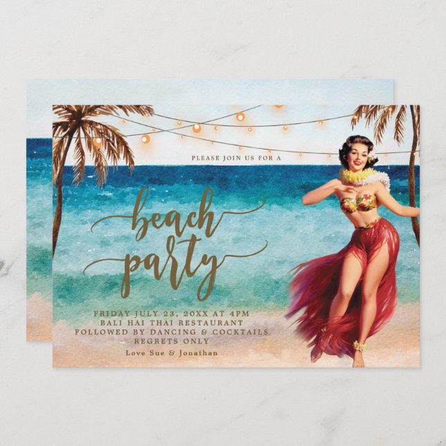 beach party invitation palm trees hula (Front/Back)