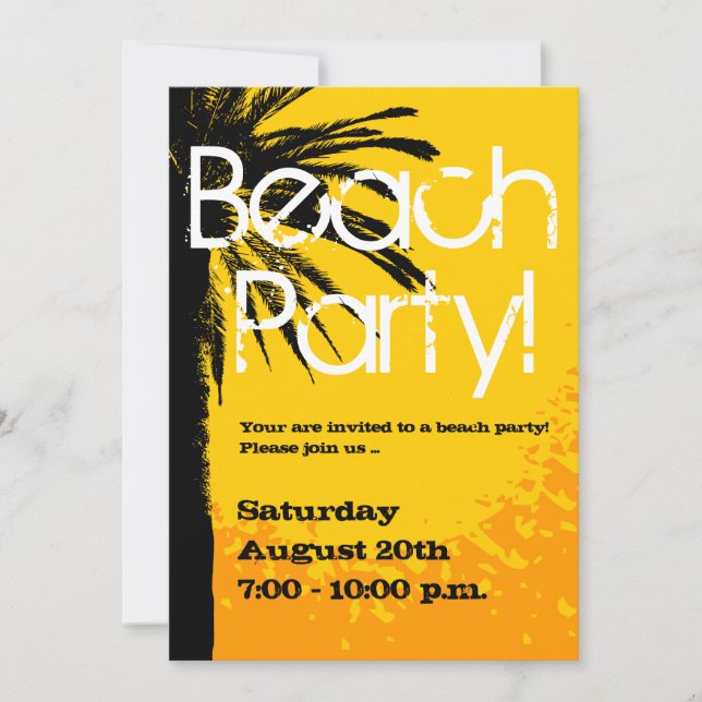 Beach party invitations with palm sunset (Front)