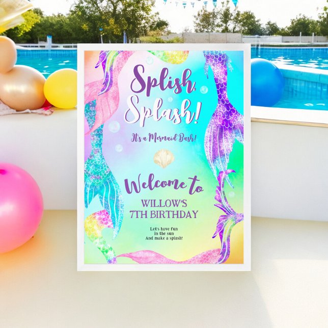 Beach party mermaid tails Kids birthday welcome Poster (Beach party mermaid tails Kids birthday welcome Poster)