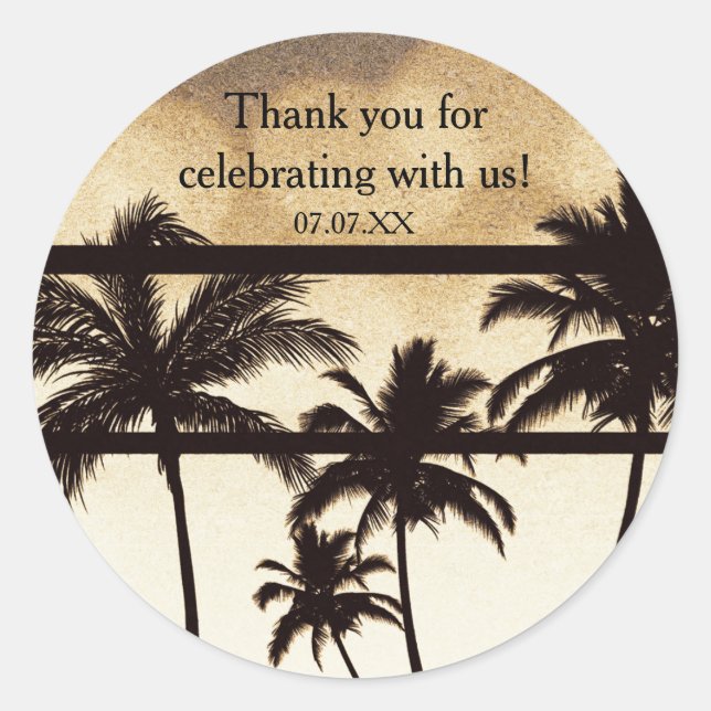 Beach Party Palm Trees Tropical Golden Night Classic Round Sticker (Front)