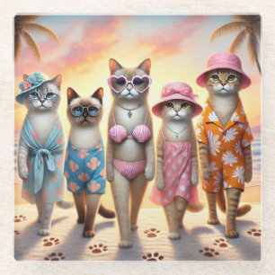 Beach Party Siamese cat beach tropical summer vibe Glass Coaster