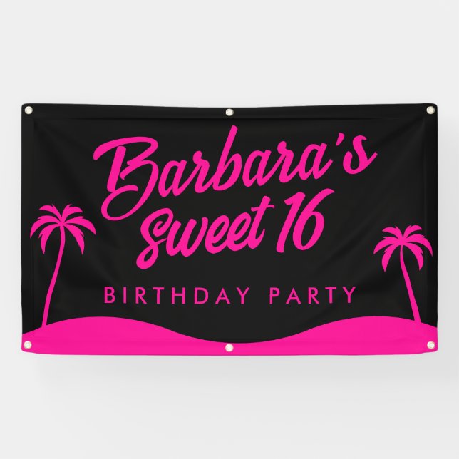 Beach Party Stylish Black Pink Summer Sweet 16 Banner (Horizontal)
