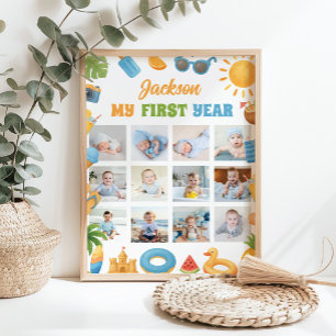 Beach Party Summer 1st Birthday Photo Milestone Poster