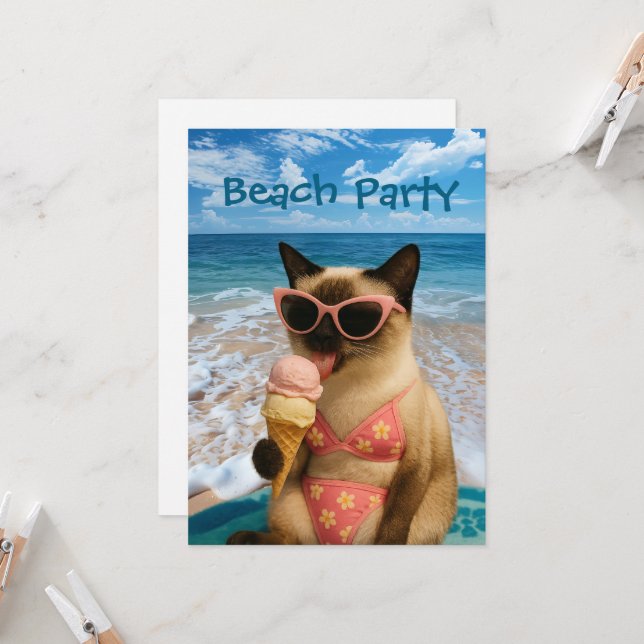 Beach Party themed for Siamese Cat lovers Invitation (Front/Back In Situ)