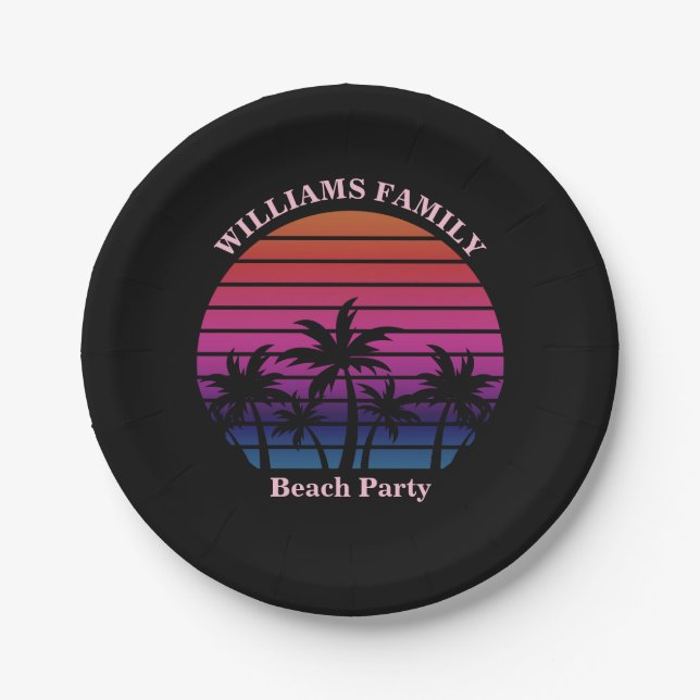Beach Party Tropical Sunset Palm Trees Black Paper Plate (Front)