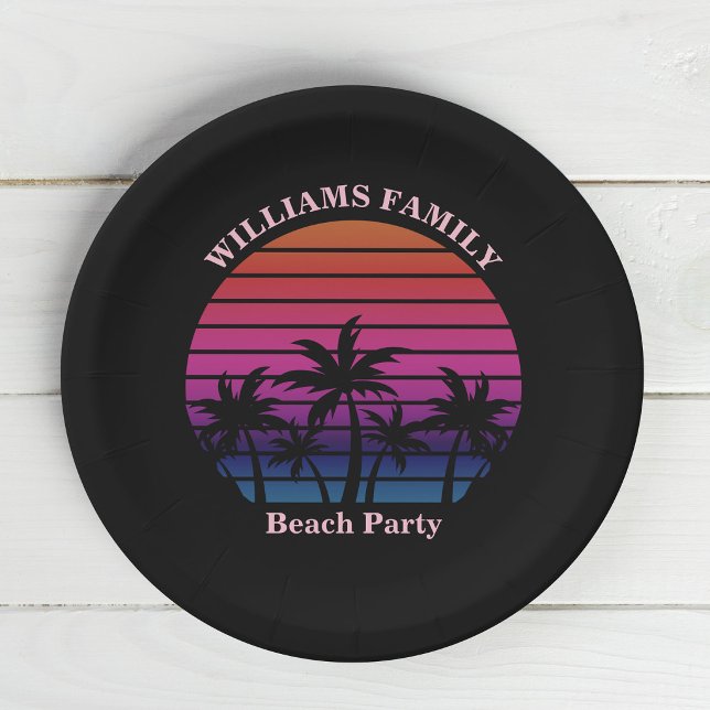 Beach Party Tropical Sunset Palm Trees Black Paper Plate (Creator Uploaded)