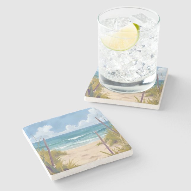 Beach Path | Ocean Watercolor Coastal Painted Stone Coaster (Side)
