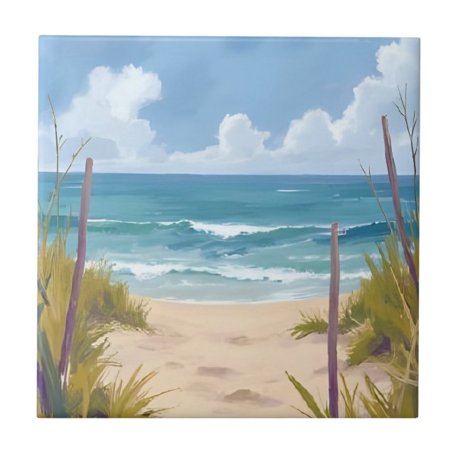 Beach Path | Ocean Watercolor Coastal Painted Tile (Front)