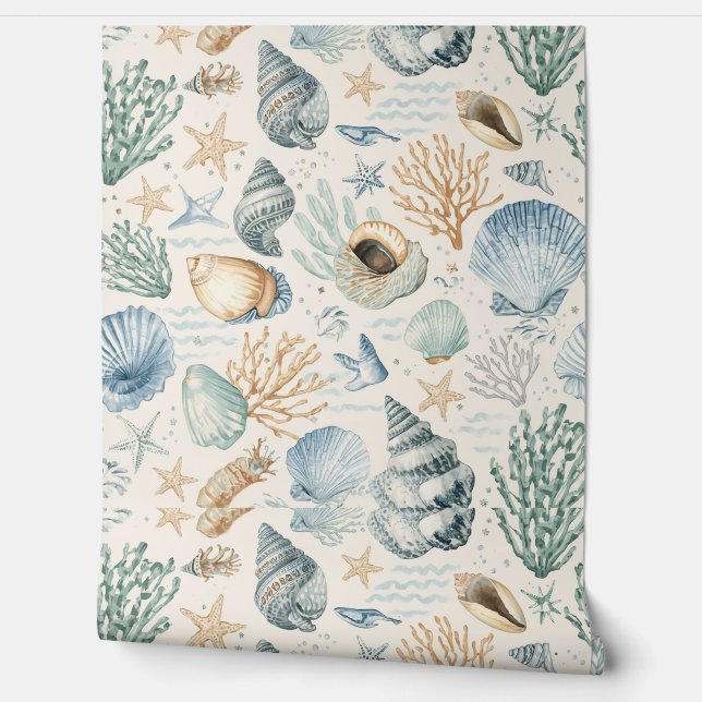 Beach Patterned Wallpaper | Coastal Seashell (Unrolling)
