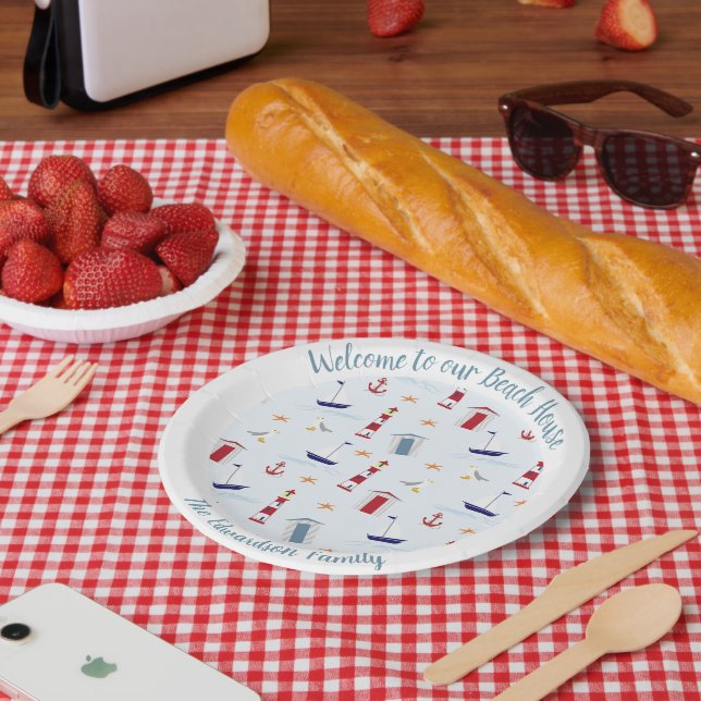 Beach patterned welcome to our beachhouse paper plate (Picnic)