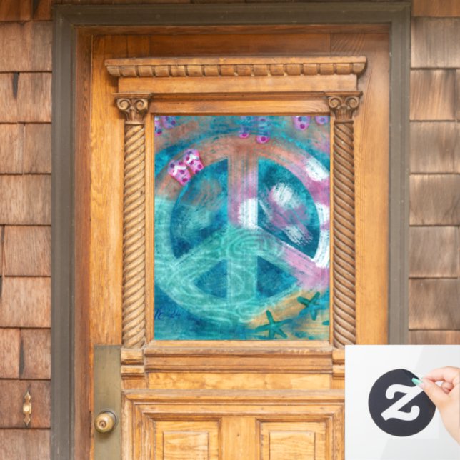 Beach Peace Sign HIppie Boho Teal Window Cling (Home Door)