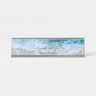 Beach Personalized Blue Script Elegant Desk Name Plate