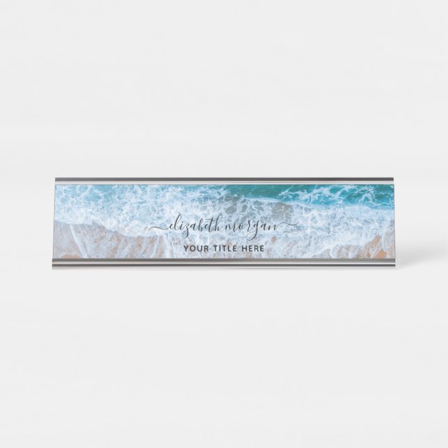 Beach Personalized Blue Script Elegant Desk Name Plate (Front)