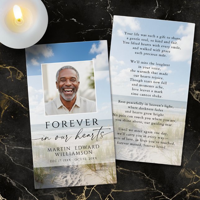 Beach Photo Forever Hearts Memorial Prayer Card (Creator Uploaded)