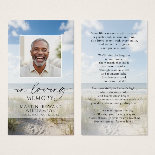 Beach Photo In Loving Memory Sympathy Prayer Card (Front & Back)