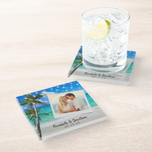 Beach Photo Palm String Lights Destination Glass Coaster