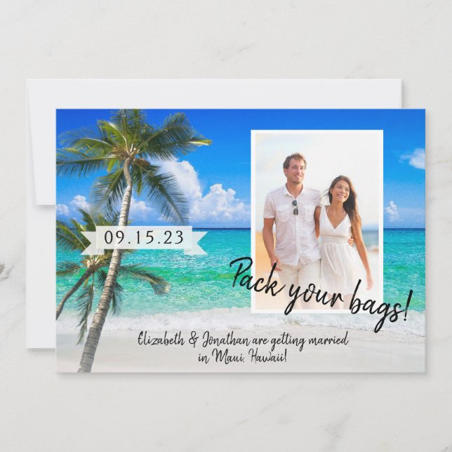 Beach Photo Palm Trees Pack Your Bags Destination  Save The Date (Front)