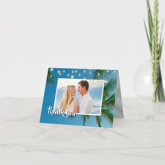 Beach Photo Palms String Lights Wedding Thank You (Front)