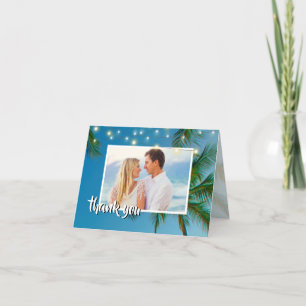 Beach Photo Palms String Lights Wedding Thank You Card