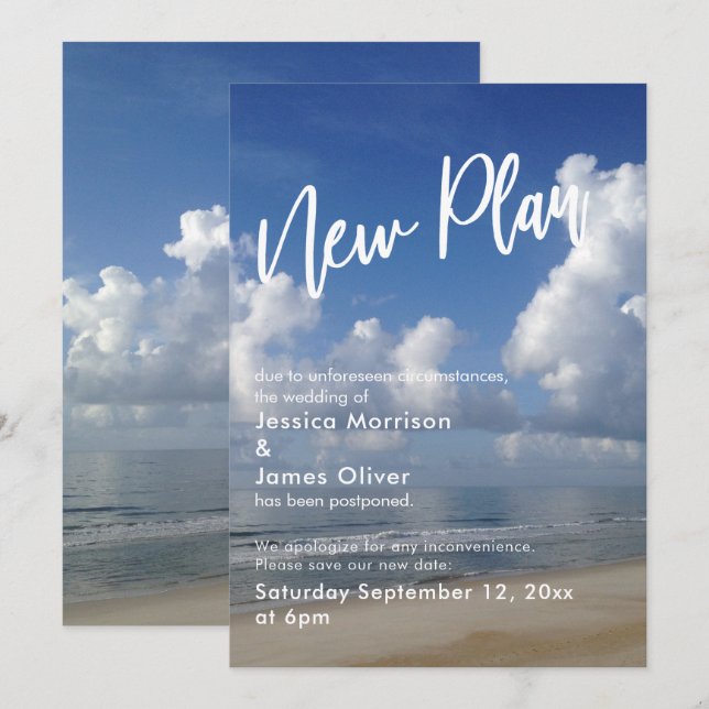Beach Photo Postponed Wedding New Plan Update Card (Front/Back)