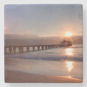 Beach pier at sunset, Hawaii Stone Coaster