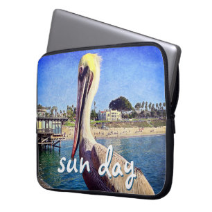 Beach Pier Pelican Bird Photo Sun Day Quote Script Laptop Sleeve