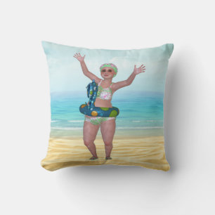 Beach Pillow with Funny Bathing Beauty