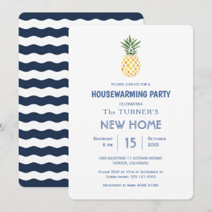 Beach Pineapple Blue Stripes Housewarming Party Invitation