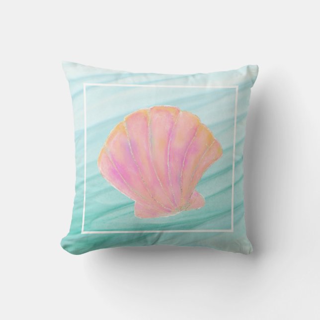 Beach Pink and Gold Clam Seashell Throw Pillow (Front)