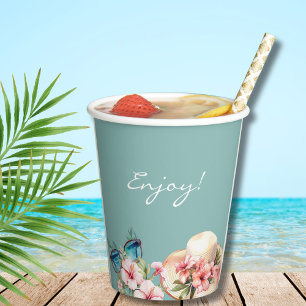 Beach Pink Floral Blue Tropical Bridal Shower Paper Cups