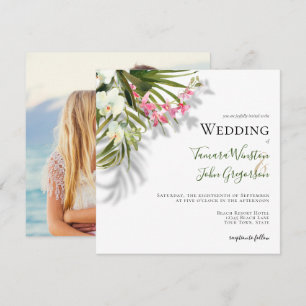 Beach Pink Floral Tropical Palms Photo Wedding Invitation