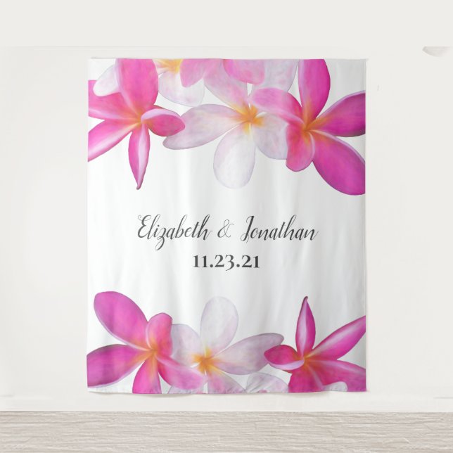 Beach Pink Plumeria Floral Hawaii Wedding Backdrop Tapestry (Front)