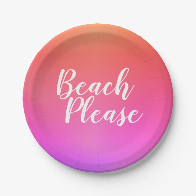 Beach Please Orange Pink Ombre Beach Paper Plate (Front)
