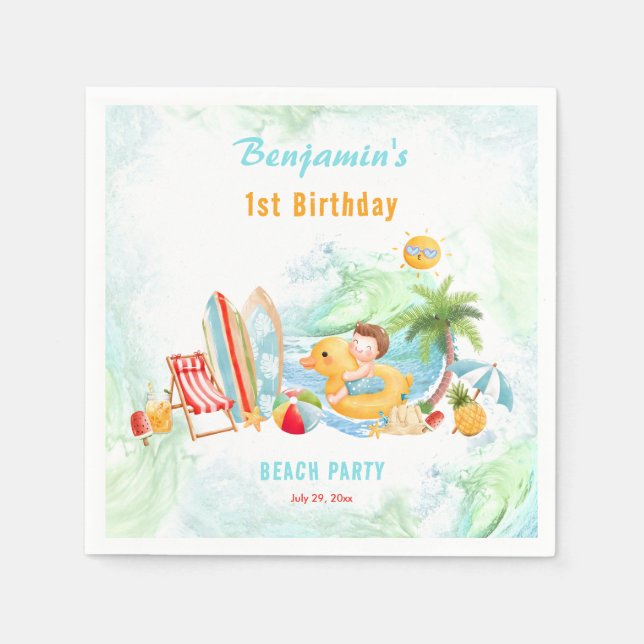 Beach Pool Party Summer 1st Birthday Boy  Napkin (Front)
