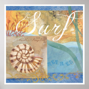 Beach Poster 1, "Surf with nautilus Shell"