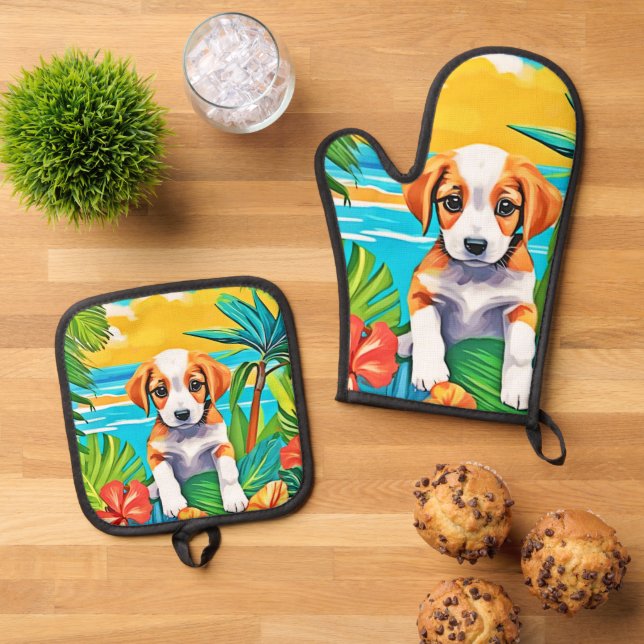 Beach Pup Paradise View Oven Mitt & Pot Holder Set (Top Down)