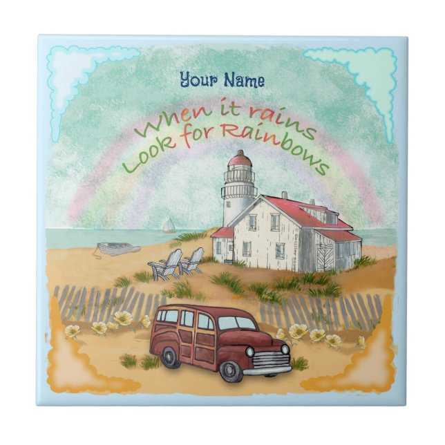 Beach Rainbow Lighthouse  Tile (Front)