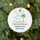 Beach Real Estate Company Cute Custom Christmas Ceramic Ornament<br><div class="desc">This cute tropical real estate company Christmas ornament features a modern blue beach house with a cool coastal palm tree and island sun. Customize this marketing gift with your agent and realty business name for a realtor along the coast.</div>