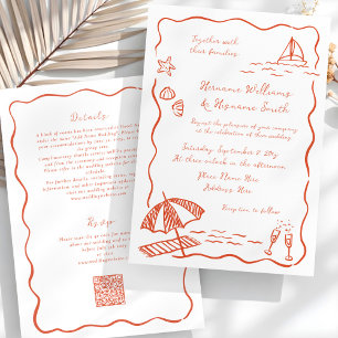 Beach Red Hand Drawn QR RSVP All-In-One Wedding Invitation