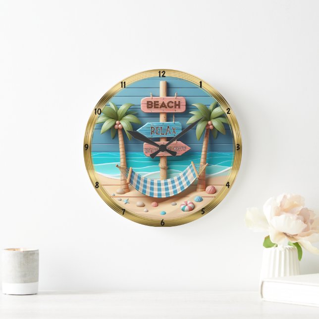 Beach Relax Hammock Tropical  Large Clock (Home)
