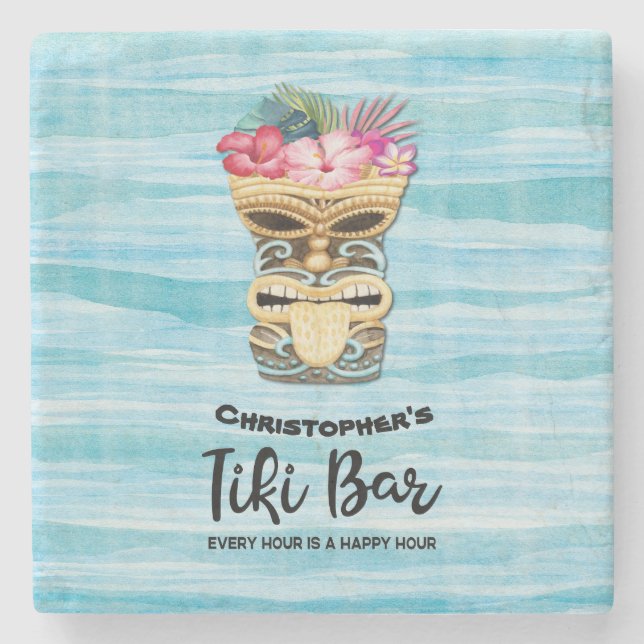  Beach Retro Tiki Bar Monogrammed Stone Coaster (Front)