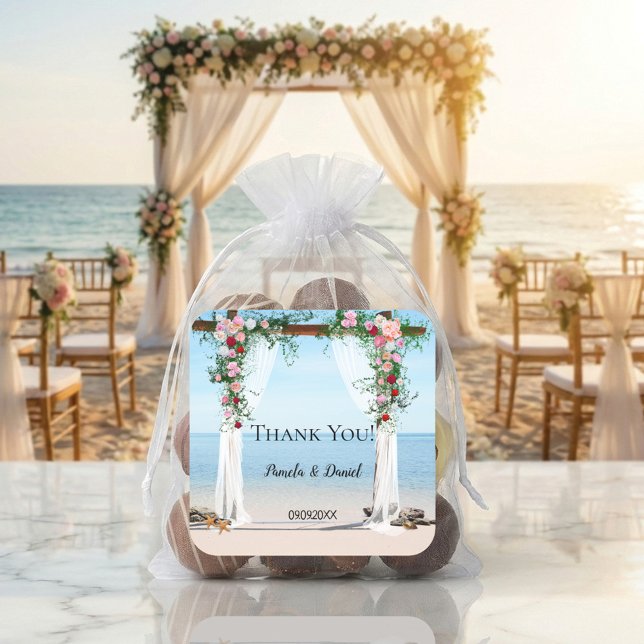 Beach Roses Arbor Wedding Thank You Sticker (Wedding Thank you sticker with a festive arbor with roses at the beach.)