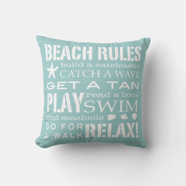 Beach Rules By the Seashore Aqua Teal & White Throw Pillow (Front)