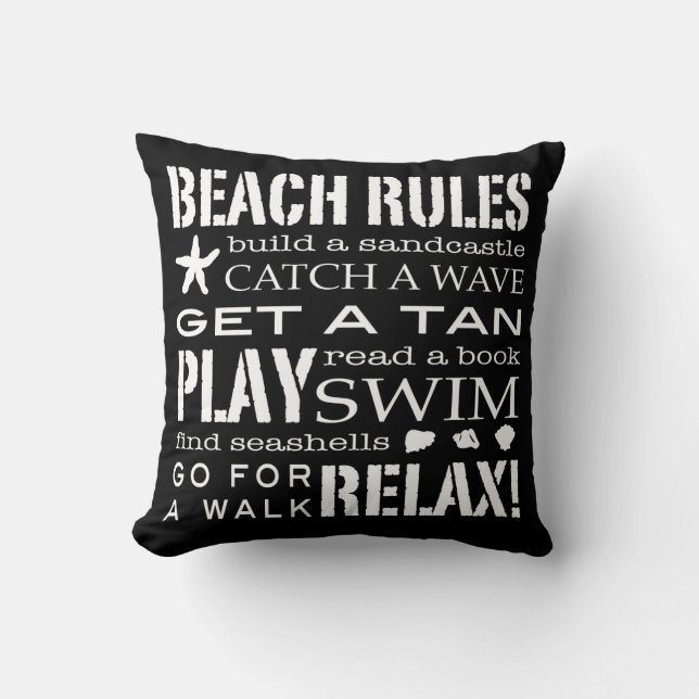 Beach Rules By the Seashore Crisp Black White Grey Throw Pillow (Front)
