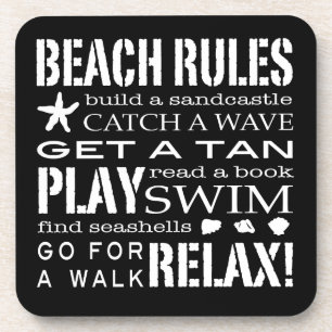 Beach Rules By the Seashore Graphic Black & White Coaster