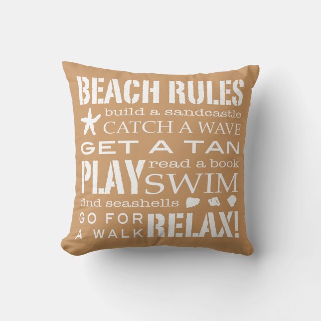 Beach Rules By the Seashore Sandy Beige & Brown Throw Pillow (Front)